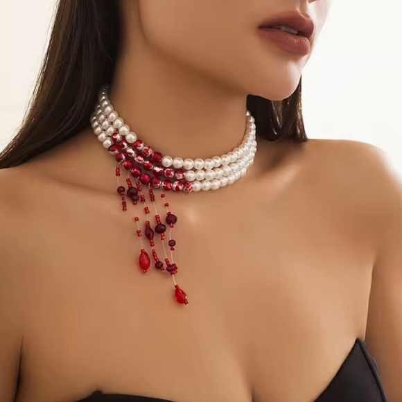 Pearl Scarlet Red Blood Crystal Choker – Queen’s Statement Necklace - Picture 3 of 5